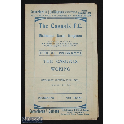 744 - Pre-war 1928/29 The Casuals v Woking match programme 19 January 1929 at Richmond Road, Kingston, 4 p... 