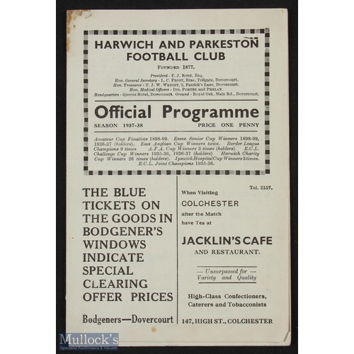 797 - 1937/38 Harwich & Parkeston v Fulham friendly match programme 4 December 1937 at Dovercourt ground; ... 