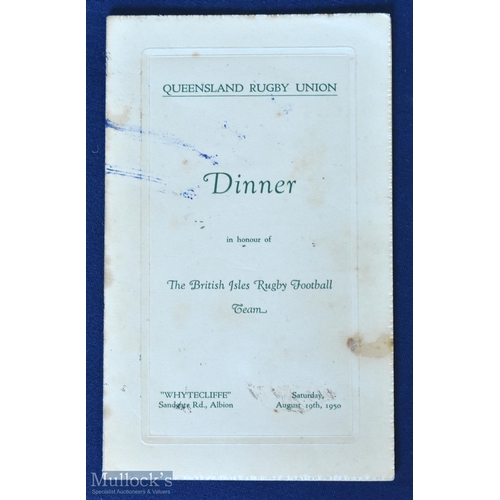 8 - Rare 1950 British & I Lions Signed Dinner Menu: 4pp foldover cream & green card for the after-match ... 