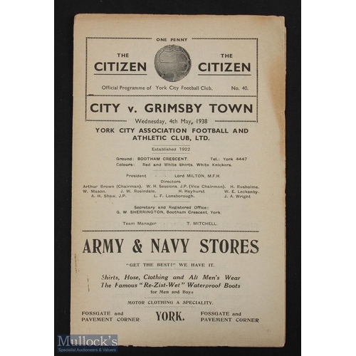 853 - 1937/38 York City v Grimsby Town programme 4 May 1938 testimonial match at Bootham Crescent; good.