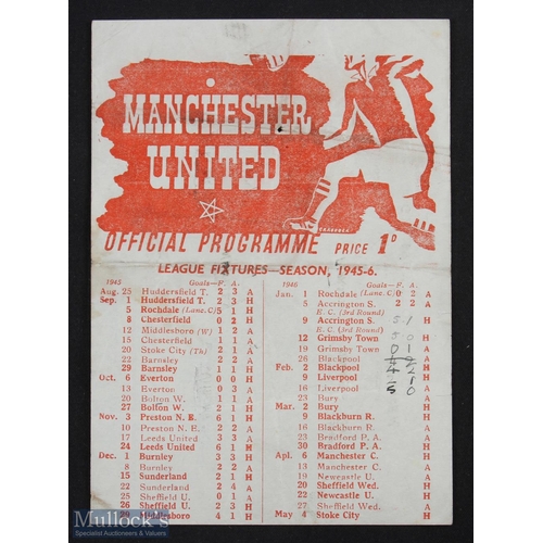 859 - 1945/46 War League North Manchester Utd v Grimsby Town single sheet programme 12 January 1946 at Mai... 