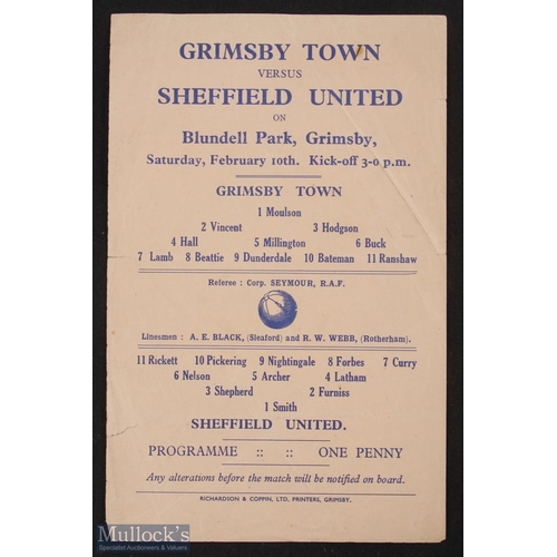 863 - 1944/45 War League North Grimsby Town v Sheffield Utd programme, 10 February 1945, single sheet, fai... 