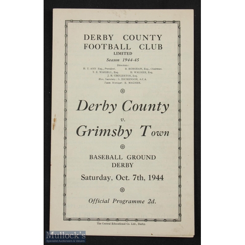 871 - 1944/45 War League North Derby County v Grimsby Town programme 7 October 1944, 4 pager; has small in... 