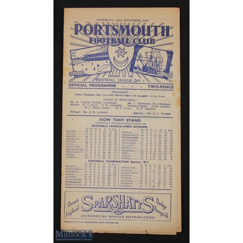 877 - 1947/48 Portsmouth v Grimsby Town Div. 1 match programme 22 November 1947 at Fratton Park; tiny nick... 