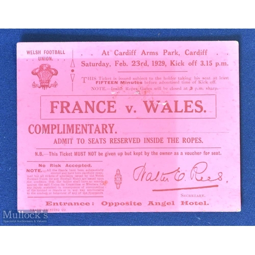 88 - 1929 Wales v France Rugby Ticket: Pink card complimentary inside-the-ropes seated ticket, slightly s... 