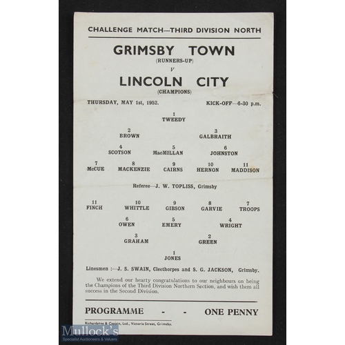 885 - 1951/52 Challenge match programme Grimsby Town (runners-up) v Lincoln City (Champions) at Blundell P... 