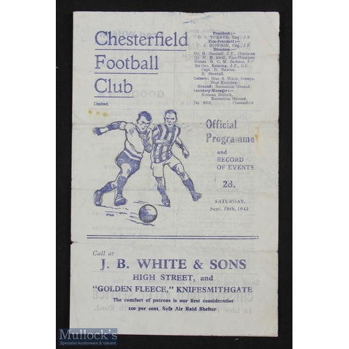 888 - 1943/44 War League North Chesterfield v Grimsby Town match programme 18 September 1943, 4 pager; poo... 