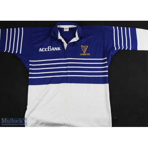 356a - Leinster Rugby Jersey circa 1990s No. 17: Blue and white with partly striped design, gold Leinster h... 