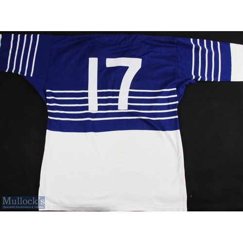 356a - Leinster Rugby Jersey circa 1990s No. 17: Blue and white with partly striped design, gold Leinster h... 