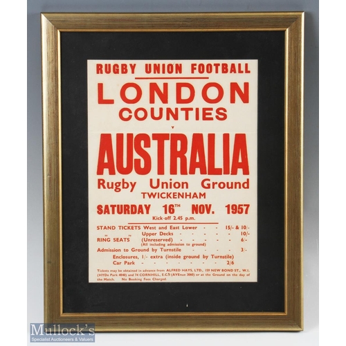 340a - 1957 London Counties v Australia Rugby Poster: Lovely, framed advertising poster for the visit of th... 