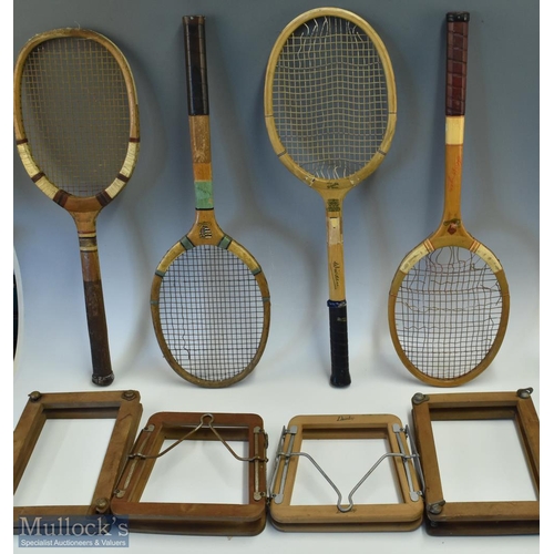 1031 - 4 Wooden Tennis Rackets with Wooden Presses, to include Greys of Cambridge the Pembroke, Jack Sharp ... 