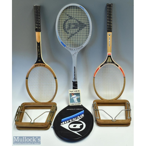 1032 - 3 Wooden Dunlop Tennis Rackets, to include a John McEnroe Autograph, Maxplus superlight and a Powerw... 