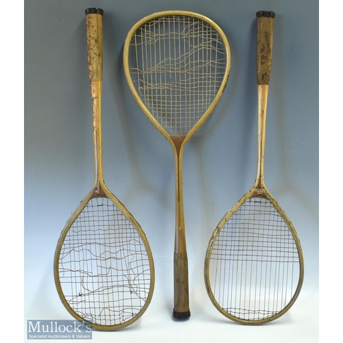 1033 - 3 Early Wooden badminton rackets, to include 2 by Sykes National, and 1 marked Club, all show signs ... 