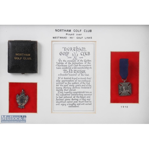 118 - Early 1900s Northam Golf Club (est1888) silver medals and Dedication to J H Taylor display (2) - com... 