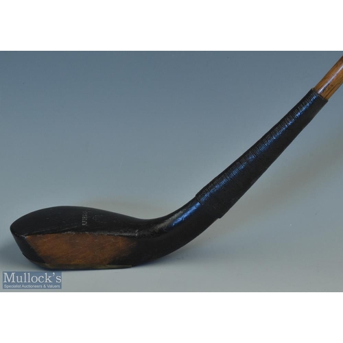 2 - R Forgan St Andrews dark stained beech wood late longnose play club with plume of feather stamped to... 