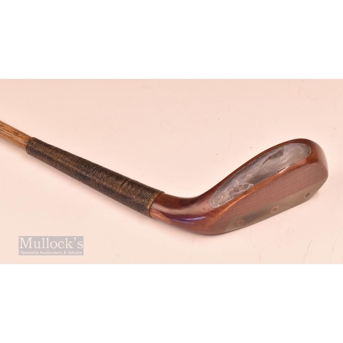 297 - R Morton Fine Replica Late Longnnose beech wood putter - mounted on a large light stained oak displa... 