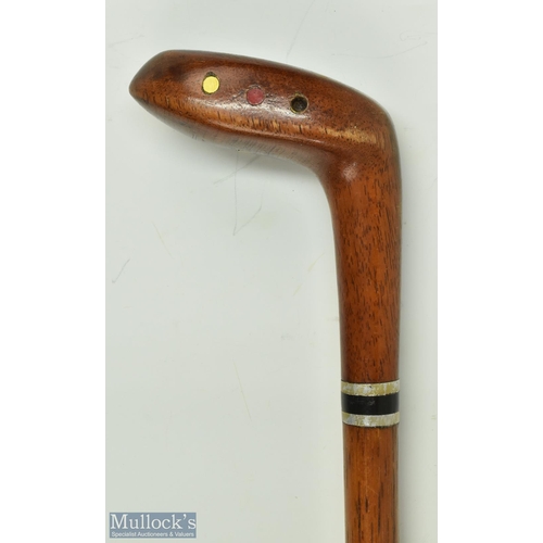 440 - Browned stained wooden putter head style curved sole Sunday Golf walking stick with black insert wit... 