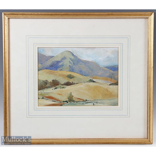 95 - Phyllis M Moore - Hilly golf course scene with two groups playing golf, water colour signed lower le... 