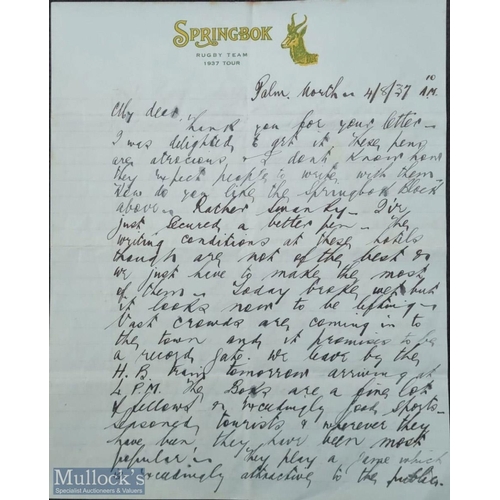 325 - Very rare 1937 S African Tour to NZ, F Glasgow letter: Frank Glasgow (1905 All Black) was the NZ lia... 