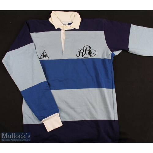 379 - 1990s(?) French Barbarians Jersey: Un-numbered & possibly unworn, three-tone, blues & purple monogra... 