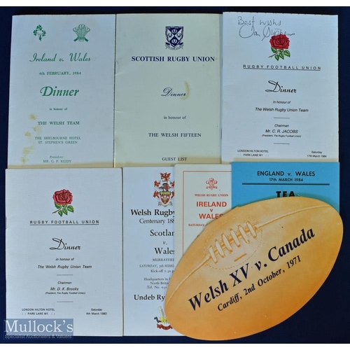 390 - 1971-1984 Welsh After-Match Dinner Menus etc (8): Great rugby ball-shaped Wales XV v Canada menu 197... 