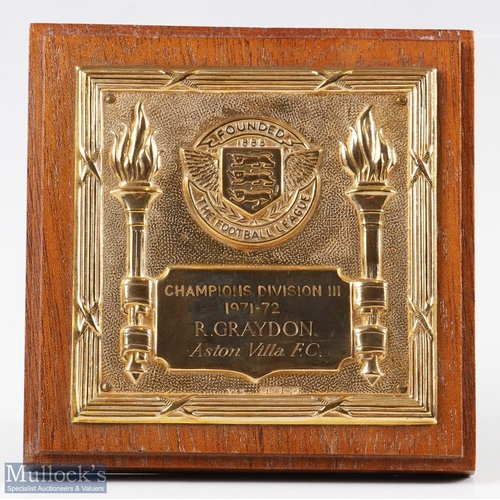 412 - 1971/72 Aston Villa Division III 9ct gold Winner's medal plaque awarded to Raymond Jack Graydon, ins... 