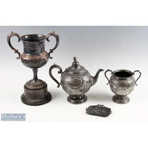 473 - 1897 1954, a Collection of Football & Sports Trophies, ashtray and teapot, all are base metal, to in... 