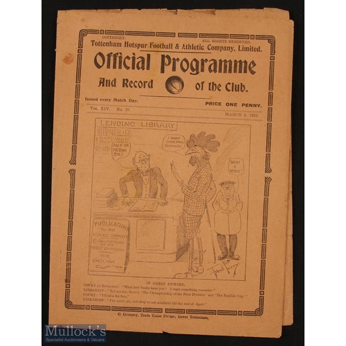 695 - 1921/1922 Tottenham Hotspur v Cardiff City FAC 4th round replay match programme 9 March 1922; small ... 