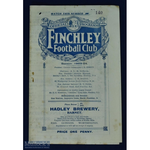 720 - Pre-war 1923/1924 Finchley v Barnet match programme Xmas Day 1923 at Simmers Lane, Finchley, 4 pager... 