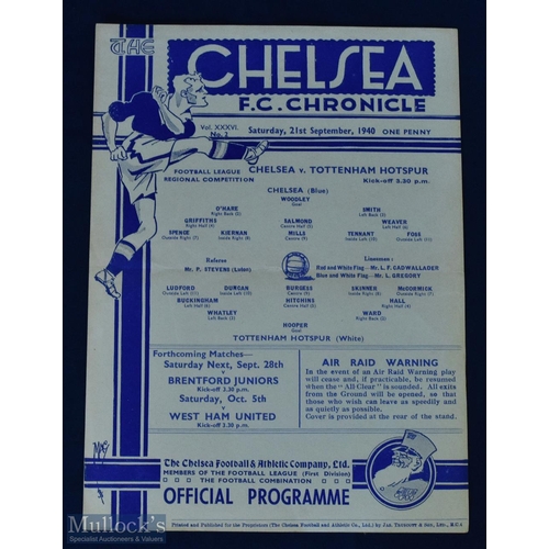 736 - Scarce 1940/1941 Chelsea v Tottenham Hotspur Football Regional Competition 21 September 1940, single... 