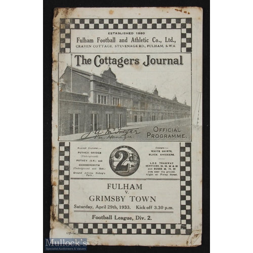 776 - Pre-war 1932/1933 Fulham v Grimsby Town Div. 2 match programme 29 April 1933 at Craven Cottage, has ... 