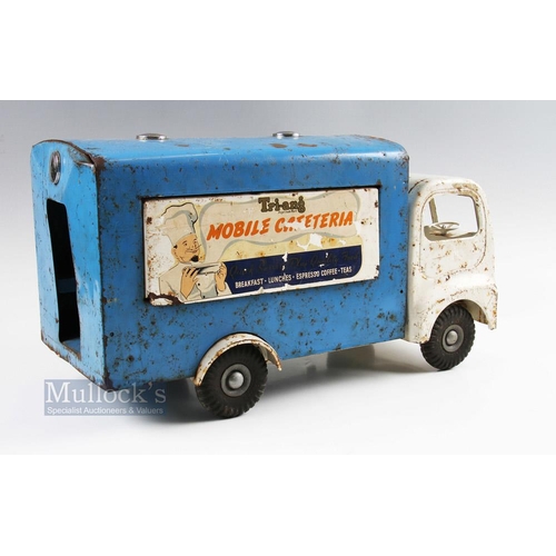 131 - Tinplate Triang Toys Mobile Cafeteria Van in blue & white, with original decals some signs of wear, ... 