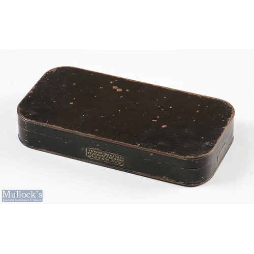 55 - C Farlows 191 Strand London, black Japanned fly box with hinged window compartments, with maker's pl... 