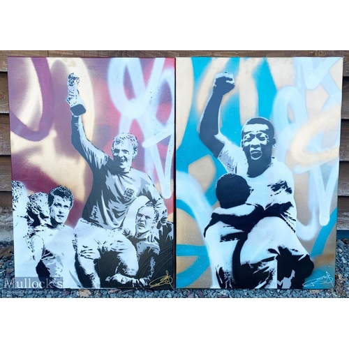 1125 - Football Artwork - Pair of Football Stencil Spray Art Pele Bobby Moore 1966 World Cup canvas on wood... 