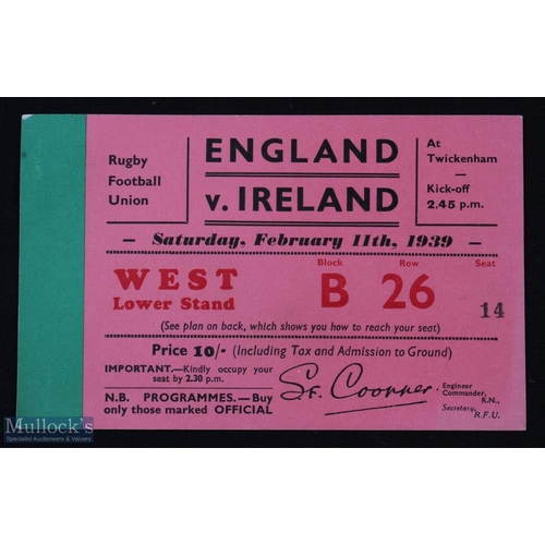 228 - Rare 1939 England v Ireland Rugby Ticket: Bold large West Stand 10/- issue for their last meeting pr... 