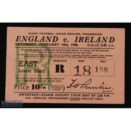 229 - Scarce 1948 England v Ireland Rugby Ticket: Lovely clean & clear card ticket for this important Iris... 