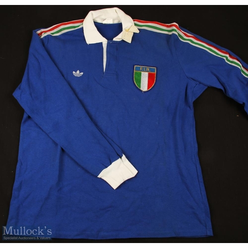 34 - 1988 Matchworn Italy Rugby Jersey: R Ambrosio's blue XL no. 13 jersey with Adidas stripes & FIR logo... 