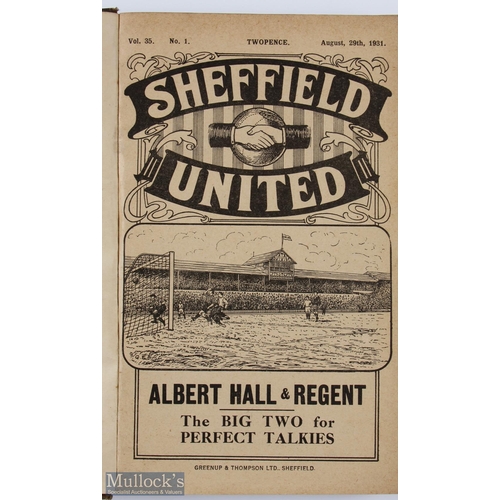 457 - 1931/32 Sheffield United Football Programmes Bound Volume with decorative cloth covers, good tight b... 