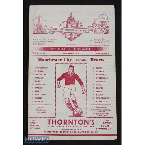 908 - 1950/51 Hearts v Manchester City friendly match programme 10 March 1951; good. (1)