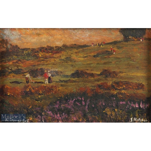 163 - J Fletcher (British) c1900 titled 'An Evening Golf' oil on board - heathland scene with mixed four b... 