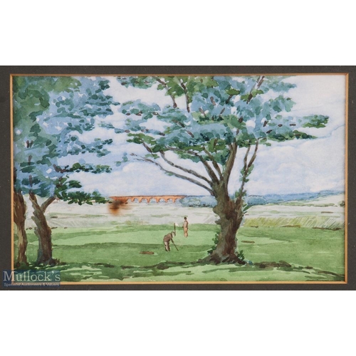 168 - Unattributed - Original watercolour Pannal Golf Course c1920 - with players on the green and via duc... 