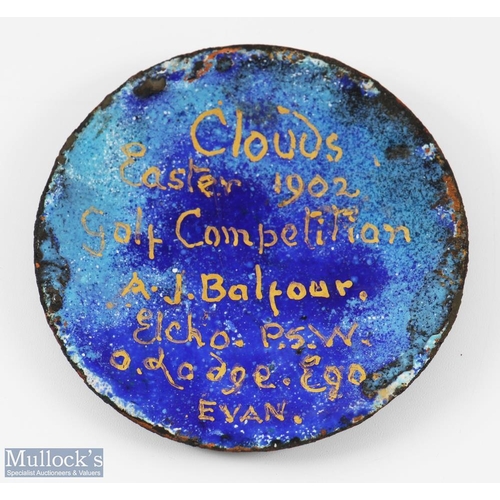 202 - Scarce 1902 Clouds Easter Golf Competition decorative enamel circular ceramic memento won by A J Bal... 