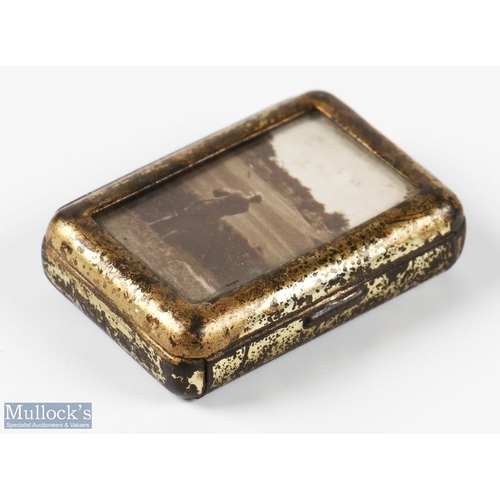 224 - James Braid - an interesting Bryant and May's Metal Vesta case with a window lid containing black an... 