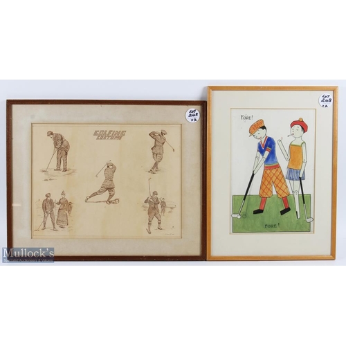 248 - 2x Interesting Golf Fashion Drawings - watercolour titled 