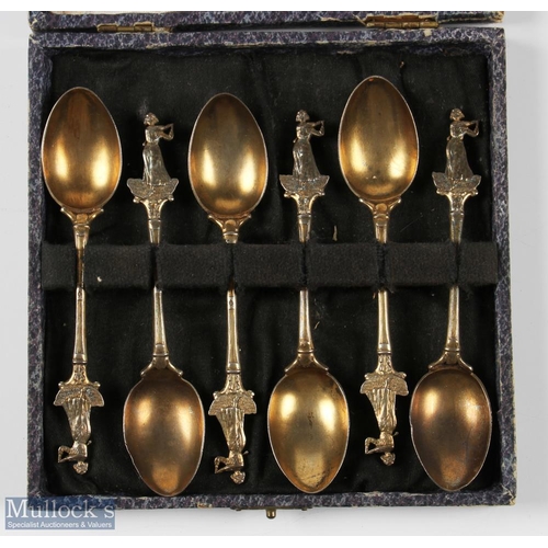 274 - Fine Set of 6x Silver Golfing Teas Spoons - with stylish Vic Lady Golfer finials - hallmarked London... 