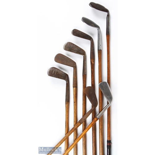 410 - 8x Assorted irons including a Firth stainless sand iron stamped Eve, Musselback John Letters mashie ... 