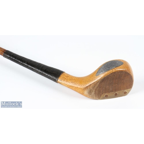 415 - Harry Vardon well made replica golden persimmon scare neck driver with leather face insert retained ... 