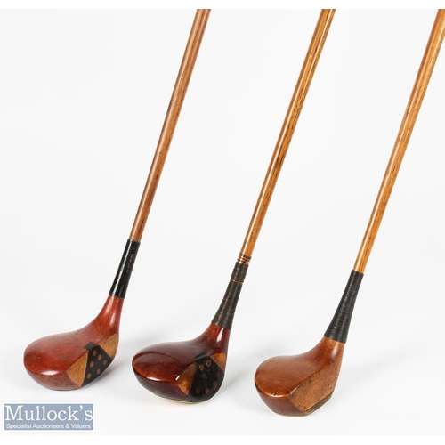 421 - 3x Socket neck woods to incl a Cannon Taylor dark stained bulldog baffie with 20deg loft, H Vardon s... 