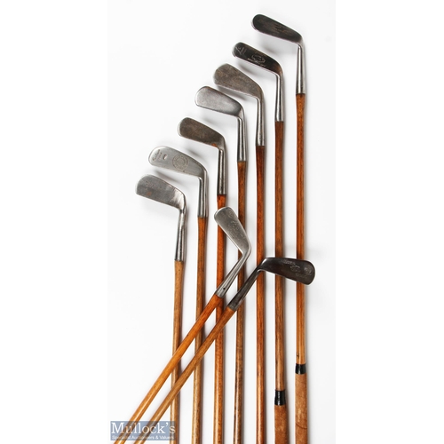 428 - 9x Assorted irons to incl' left hand Alex Patrick of Leven Acme round back mid iron, JH Taylor mashi... 