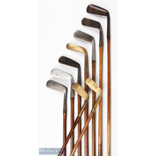 436 - 9x Assorted metal and brass putters to incl' The Glider rounded flanged sole putter with square sect... 